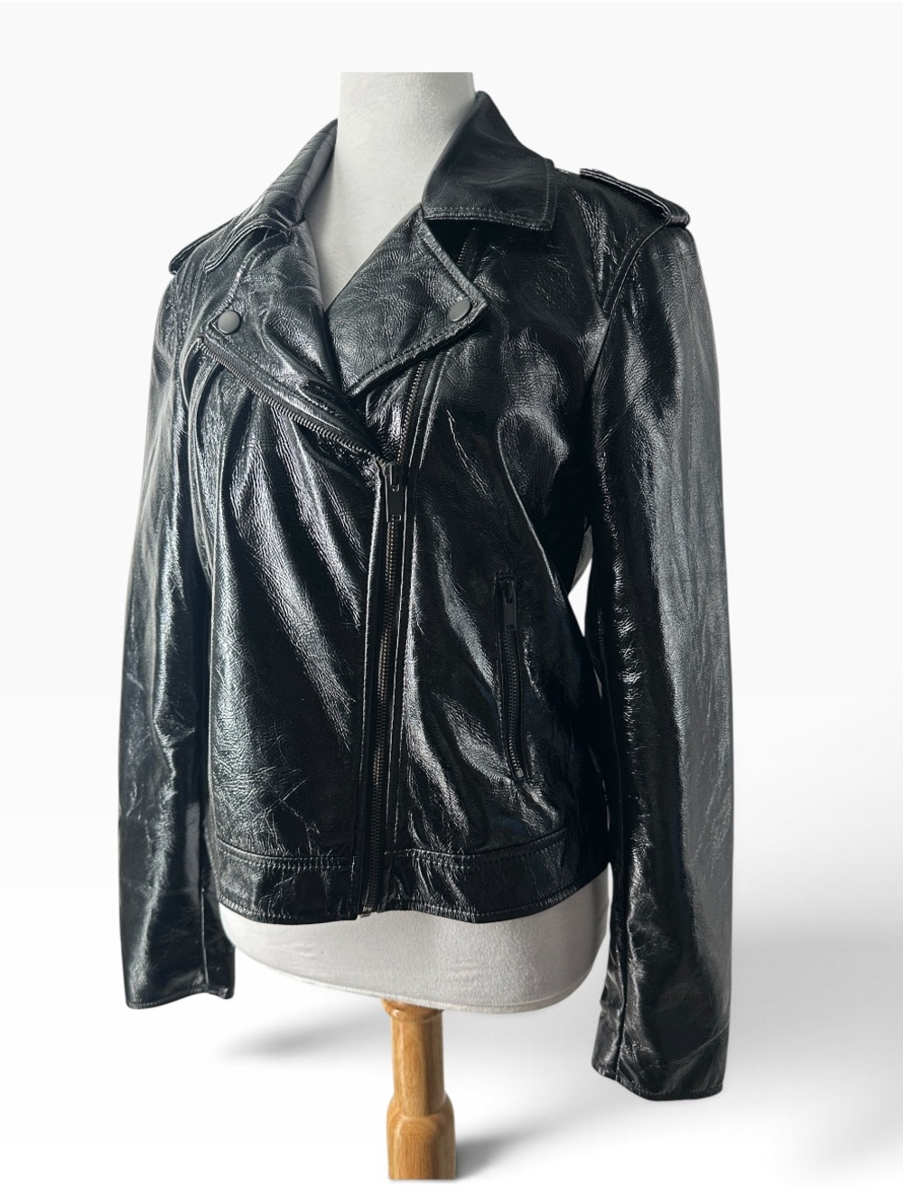 Pieces faux leather moto jacket look patent vegan wet look coat sz M NWT
